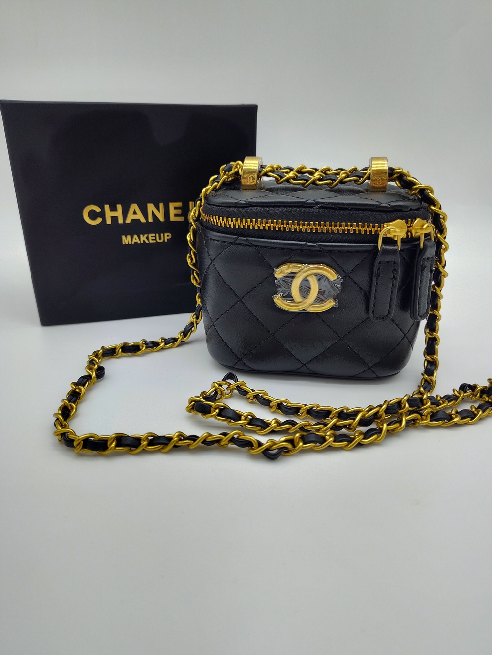 CHANEL Makeup Promotional Black Quilted Vanity Case Gold Chain CC Crossbody Bag